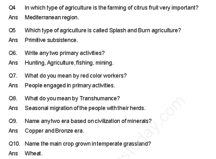 CBSE Class 12 Geography Primary Activities Assignment